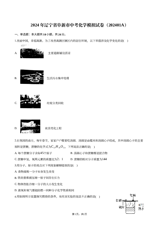 2024年辽宁阜新市中考化学模拟试卷 第1页