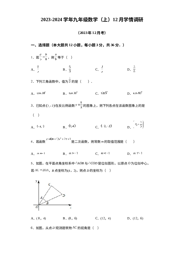 山东临沂市临沭县大兴镇大兴初级中学2023-2024学年九年级上学期12月月考数学试题 第1页