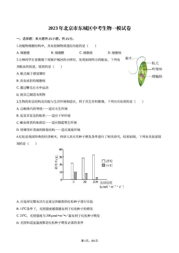 2023年北京东城区中考生物一模试卷.docx 第1页