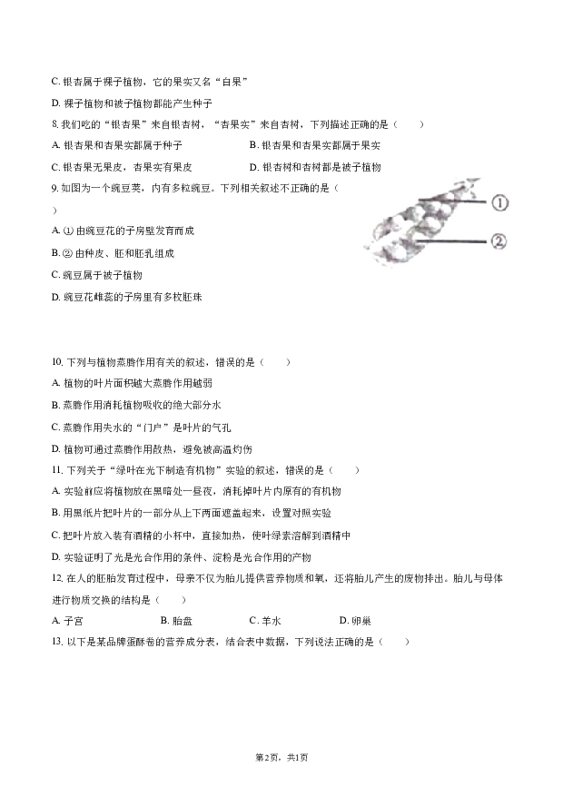 2022年云南昆明市盘龙区俊发城思成中学中考生物四模试卷 (1).docx 第2页