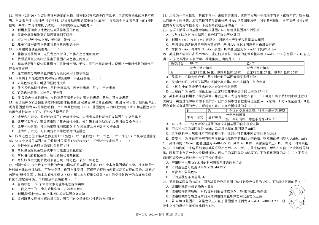 四川成都市树德中学2022-2023学年高一下学期4月月考试题 生物(含参考答案) 第2页