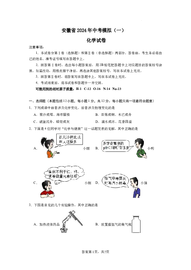 2024年安徽中考模拟化学试卷（一）.docx 第1页