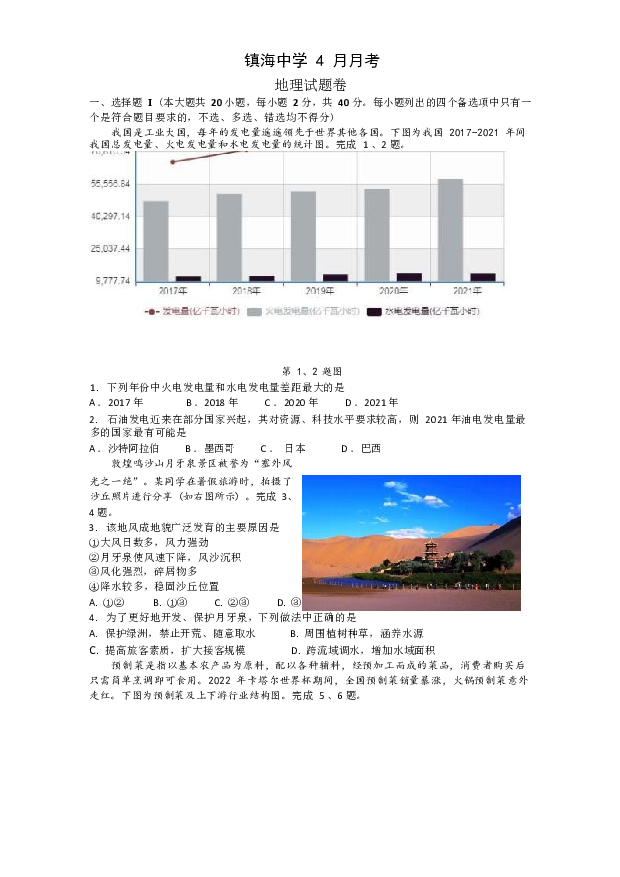 浙江宁波市镇海中学2022-2023学年高三下学期4月月考地理试题(含参考答案) 第1页