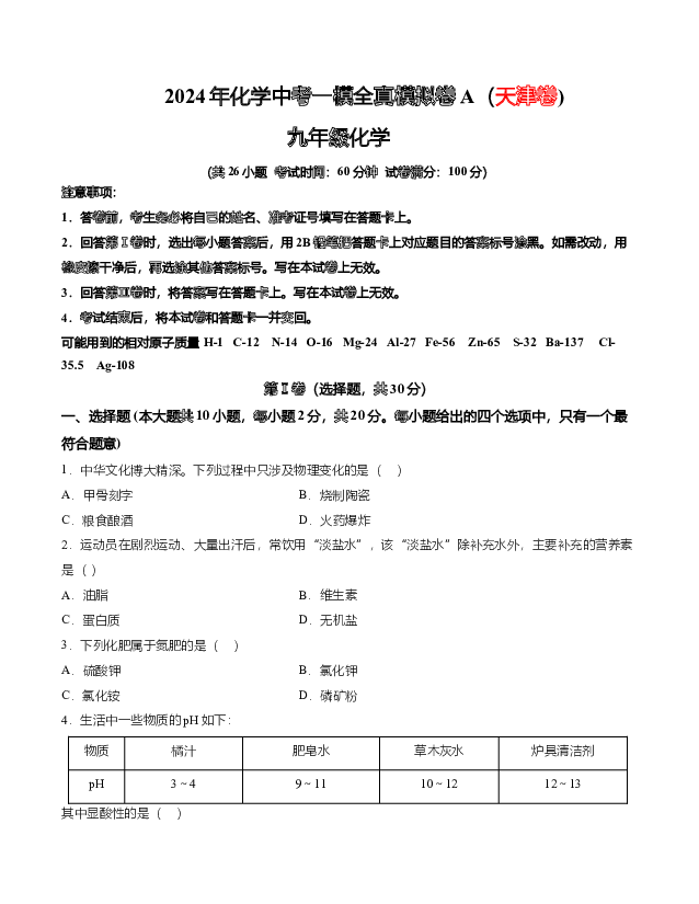 2024年化学中考一模全真模拟卷A（天津卷).docx 第1页
