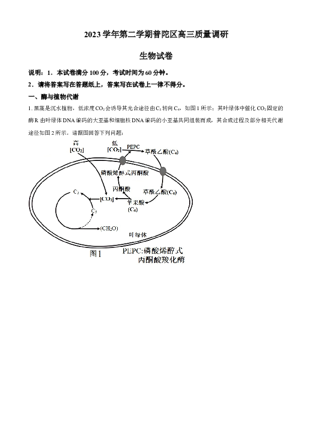上海普陀区2023届高三下学期二模试题 生物 .docx 第1页