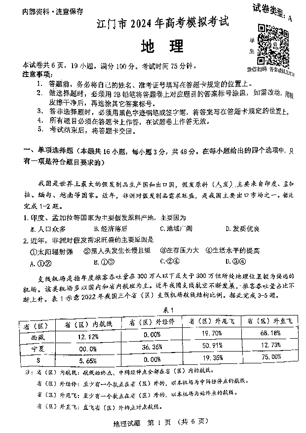 广东江门市2024届高三高考模拟考试（一）地理 (PDF文档) 第1页