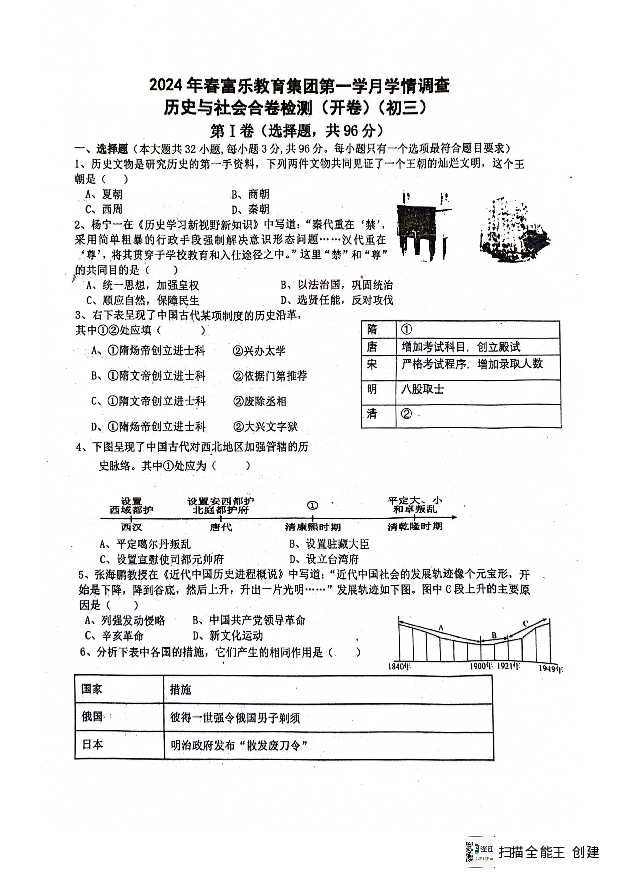 四川绵阳市游仙区游仙区富乐教育体系第一学月考试检测2023-2024学年九年级下学期3月月考道德与法治&bull;历史试题.pdf 第1页