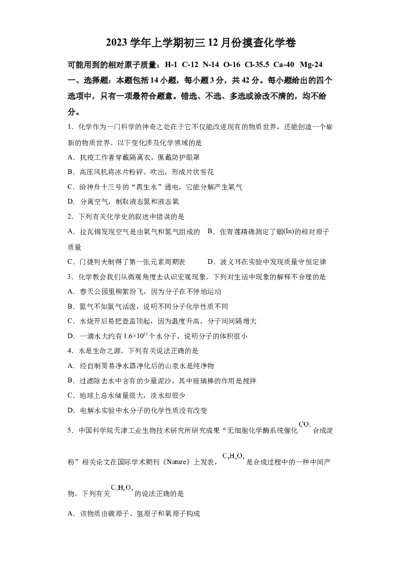 广东广州市铁一教育集团2023-2024学年九年级上学期12月月考化学试题 第1页