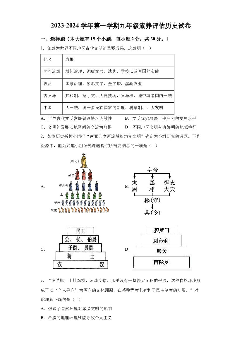 山西大同市大同市第一中学校2023-2024学年九年级10月月考历史试题 第1页