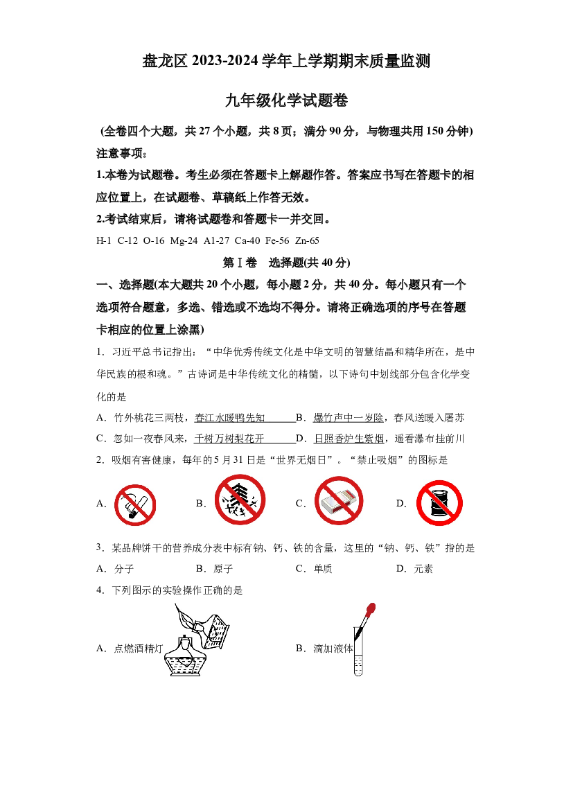 云南昆明市盘龙区2023--2024学年九年级上学期期末质量监测化学试卷 第1页