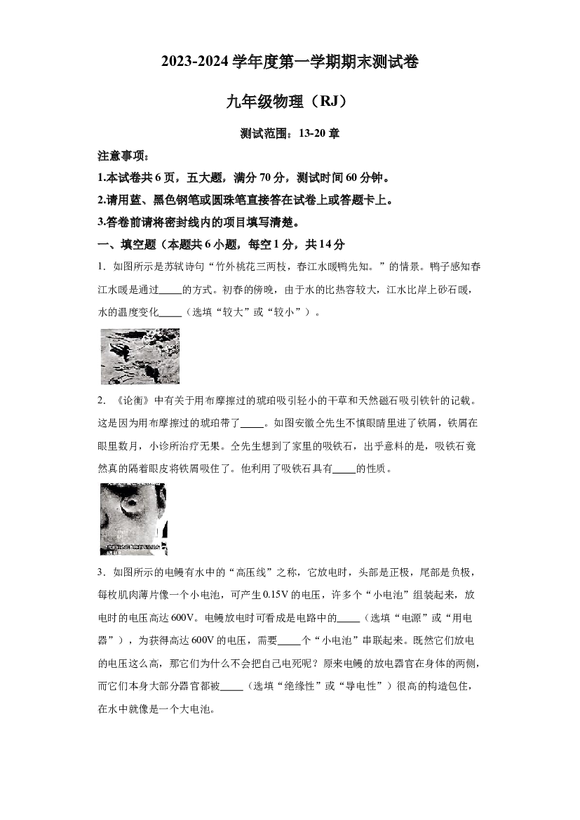 河南驻马店市确山县十校联考2023-2024学年九年级上学期期末物理试题 第1页