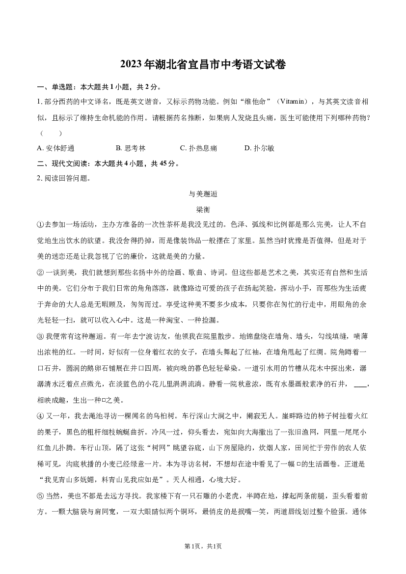 2023年湖北宜昌市中考语文试卷.docx 第1页