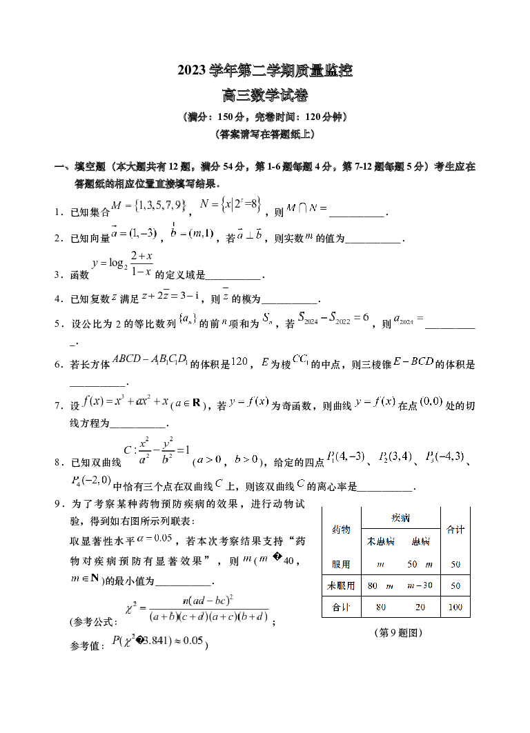 上海金山区2024届高三下学期二模试题 数学.docx 第1页