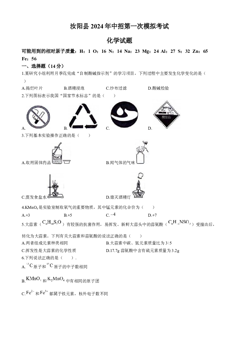 2024年河南洛阳市汝阳县中考第一次模拟考试化学试题.docx 第1页