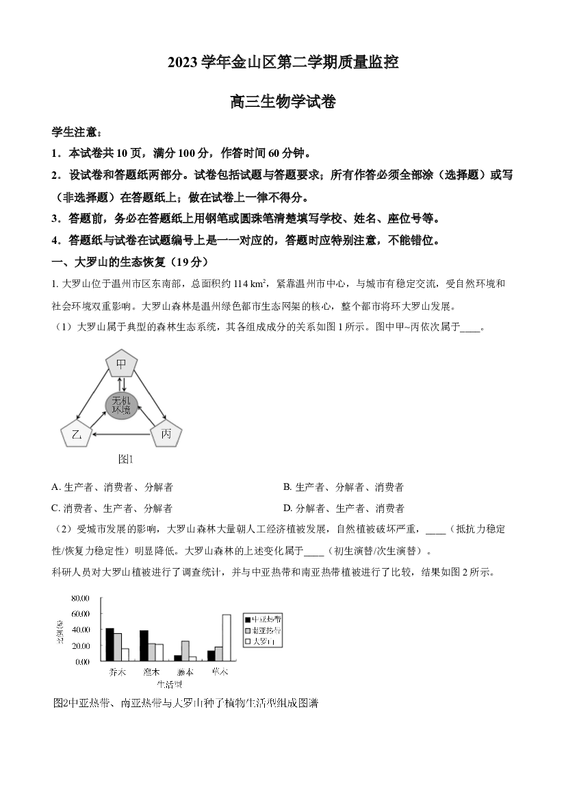 上海金山区2024届高三下学期二模试题 生物 .docx 第1页