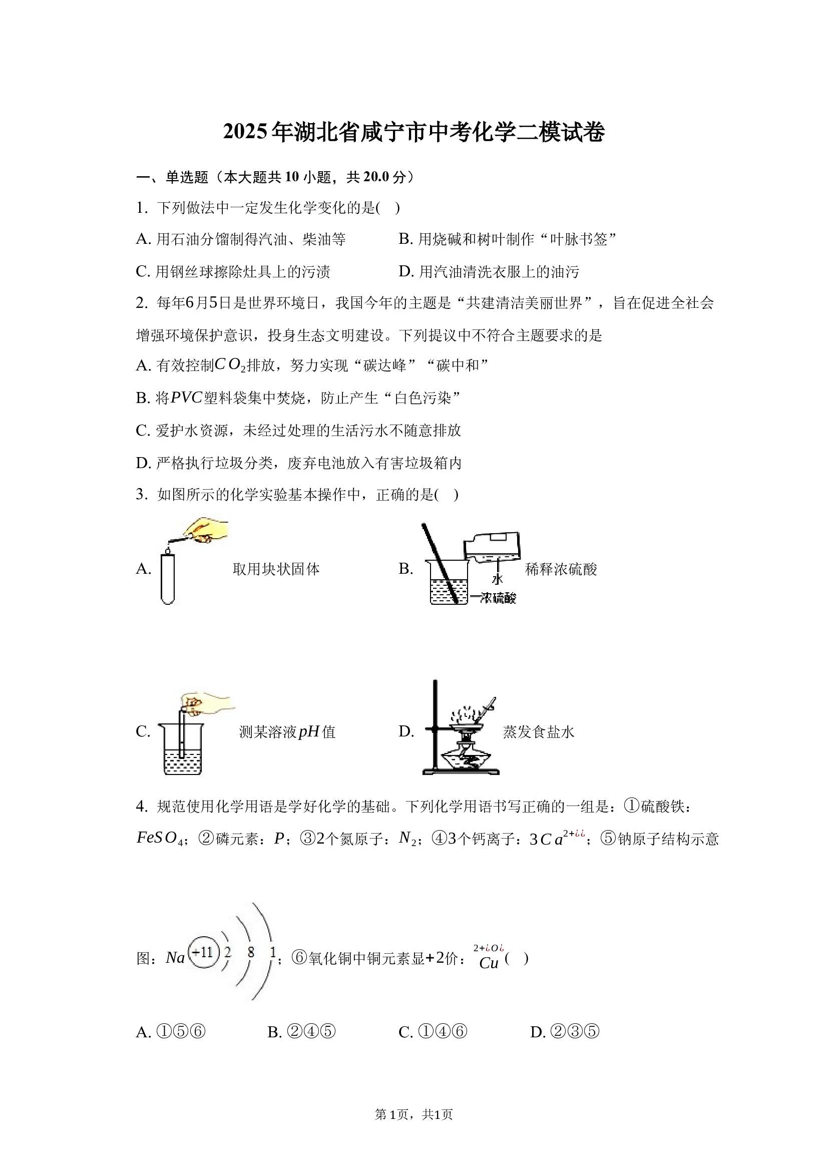 2025年湖北咸宁市中考化学二模试卷.docx 第1页