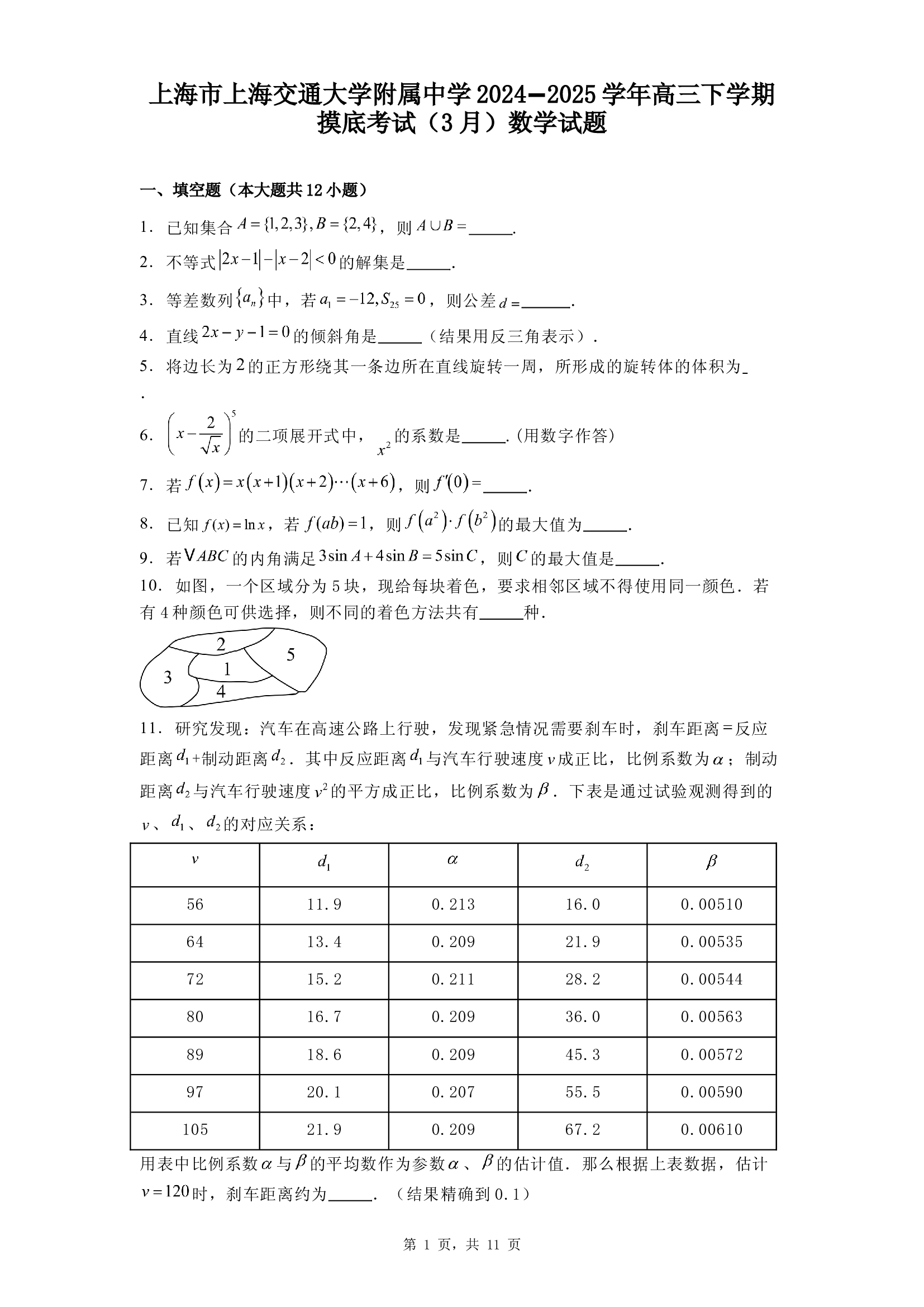 上海上海交通大学附属中学2024&minus;2025学年高三下学期摸底考试（3月）数学试题.docx 第1页