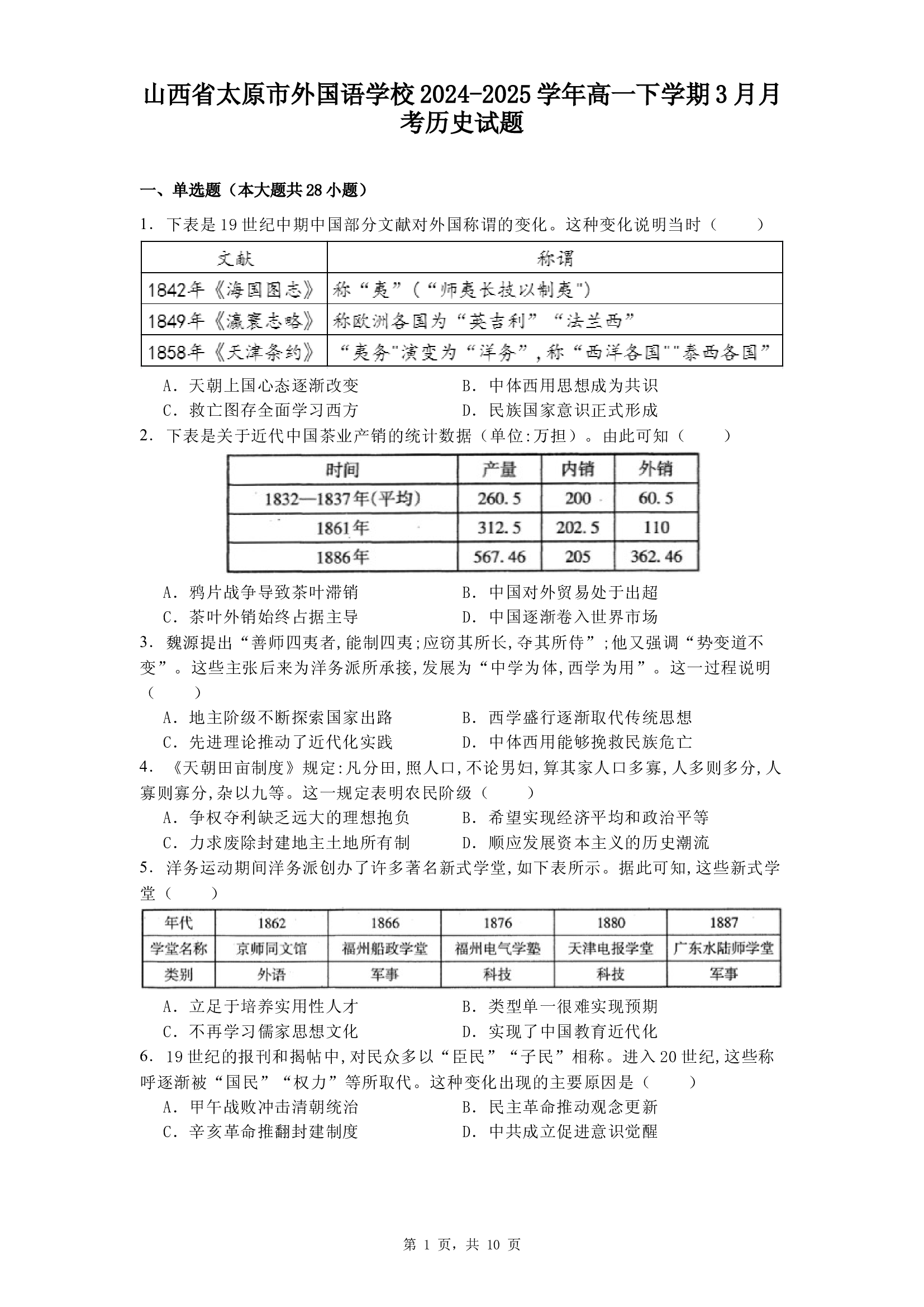 山西太原市外国语学校2024-2025学年高一下学期3月月考历史试题.docx 第1页
