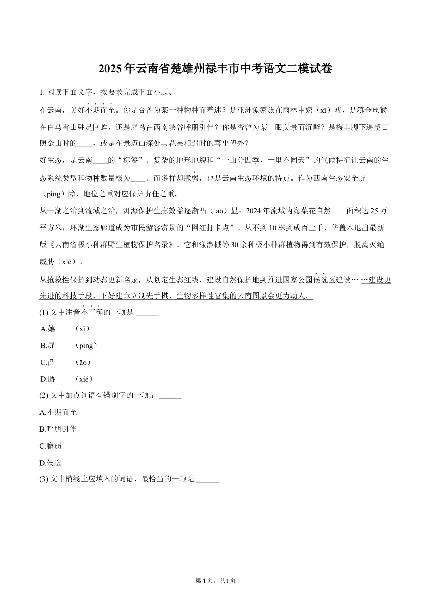 2025年云南楚雄州禄丰市中考语文二模试卷.docx 第1页