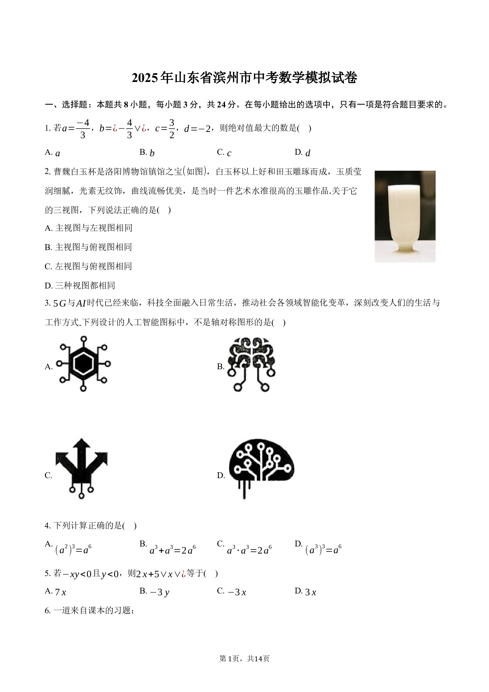 2025年山东滨州市中考数学模拟试卷(含参考答案)x 第1页