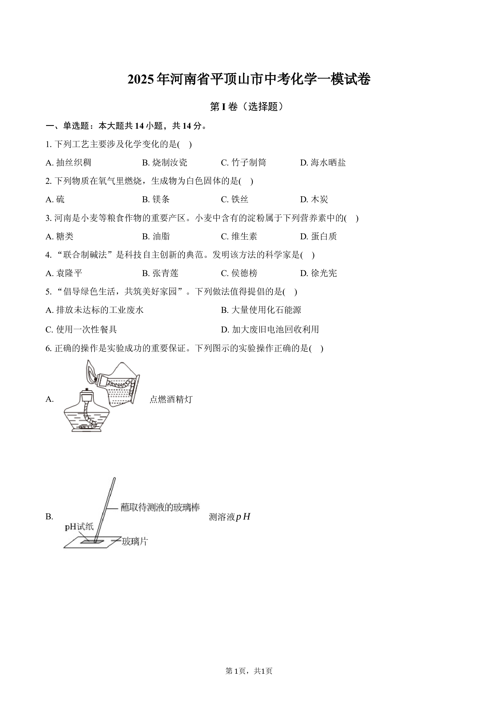 2025年河南平顶山市中考化学一模试卷.docx 第1页