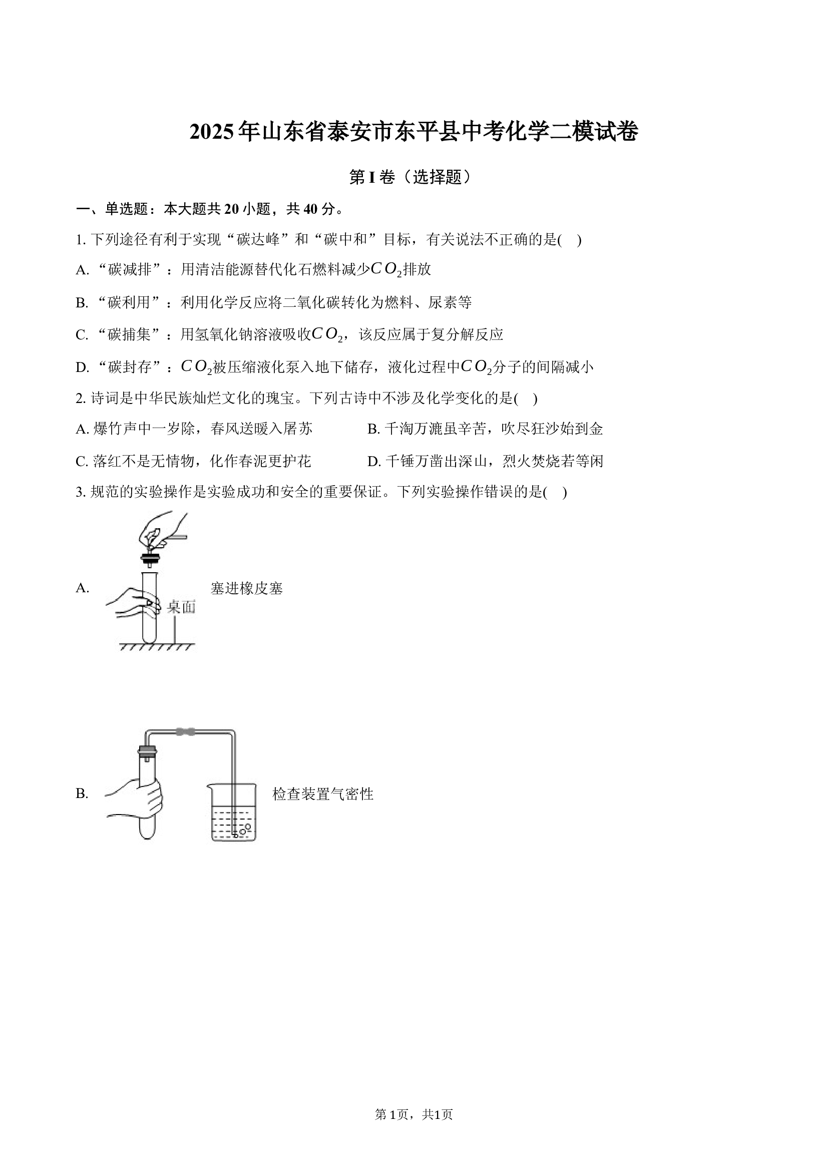 2025年山东泰安市东平县中考化学二模试卷.docx 第1页