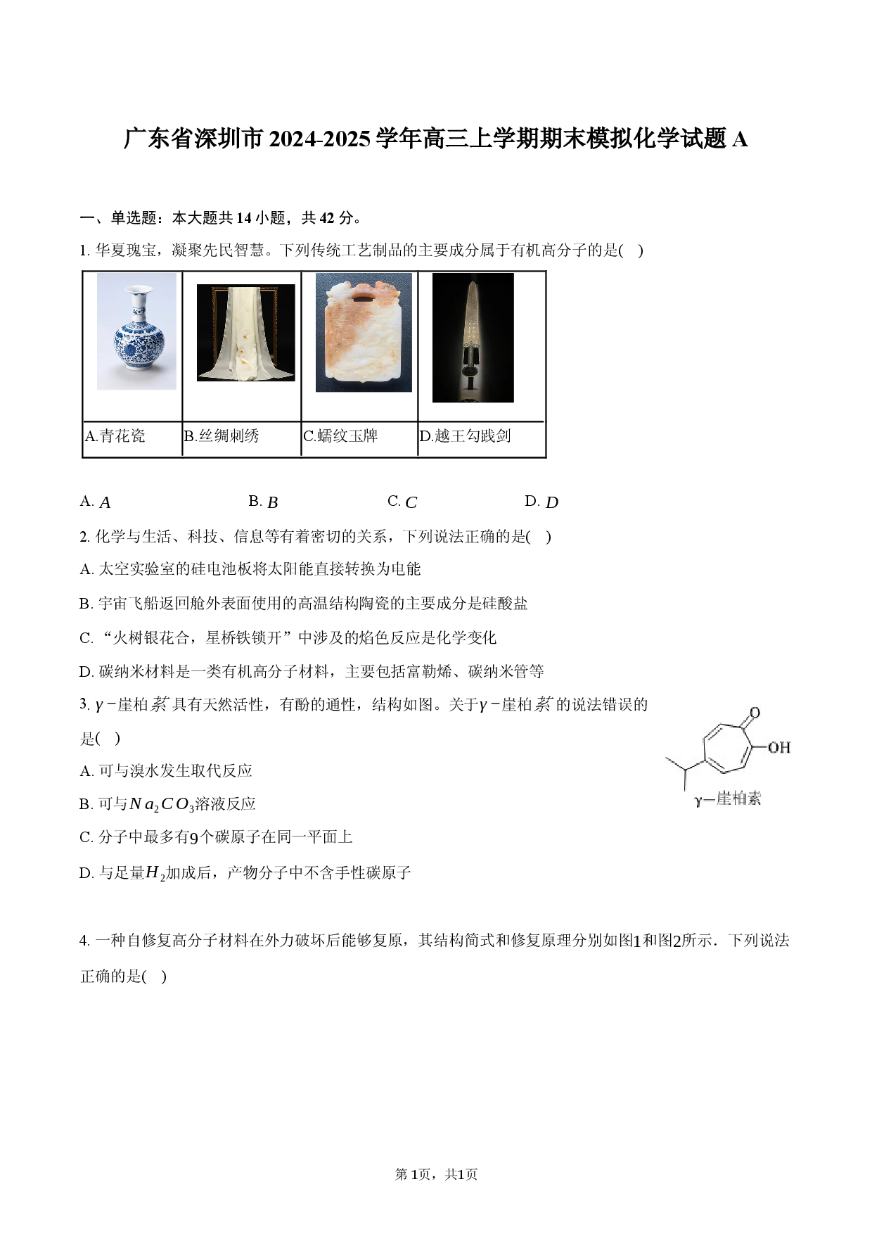 广东省深圳市2024-2025学年高三上学期期末模拟化学试题A.docx 第1页