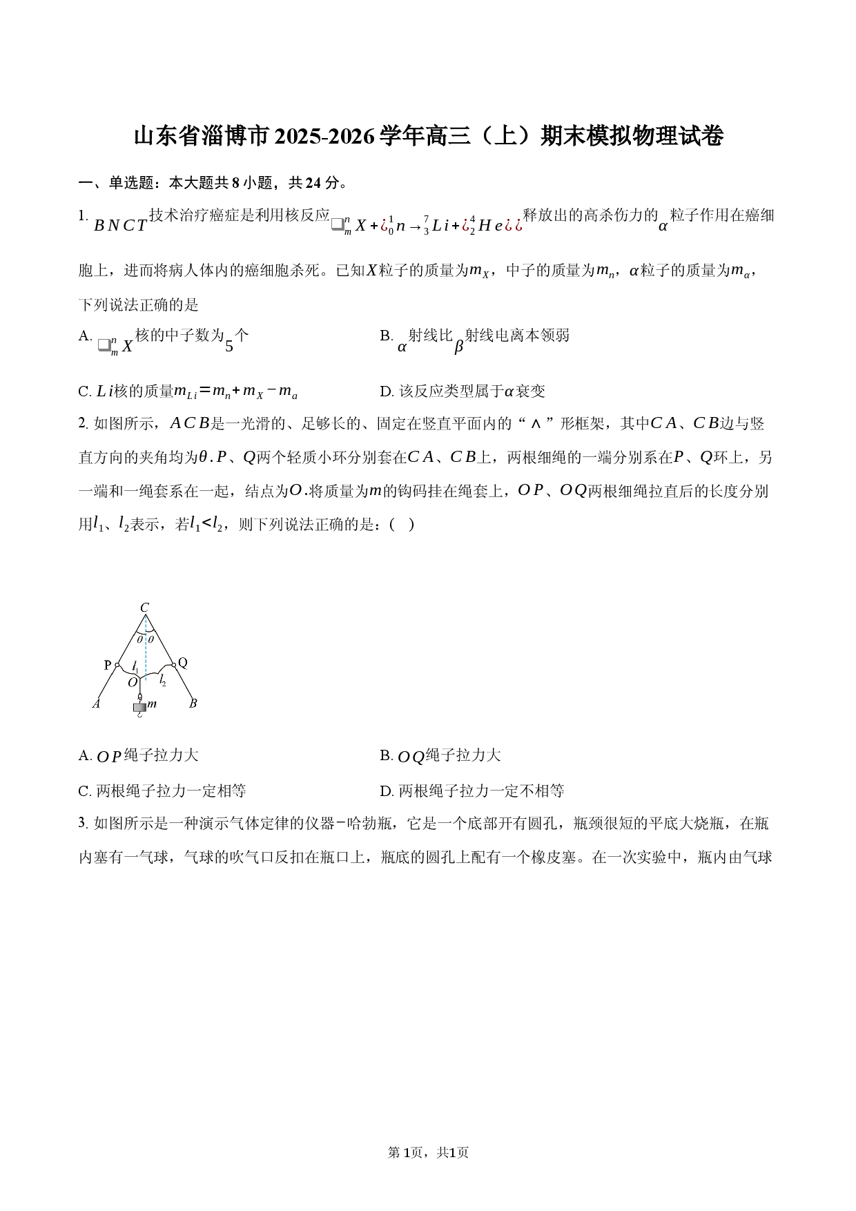 山东省淄博市2025-2026学年高三（上）期末模拟物理试卷.docx 第1页