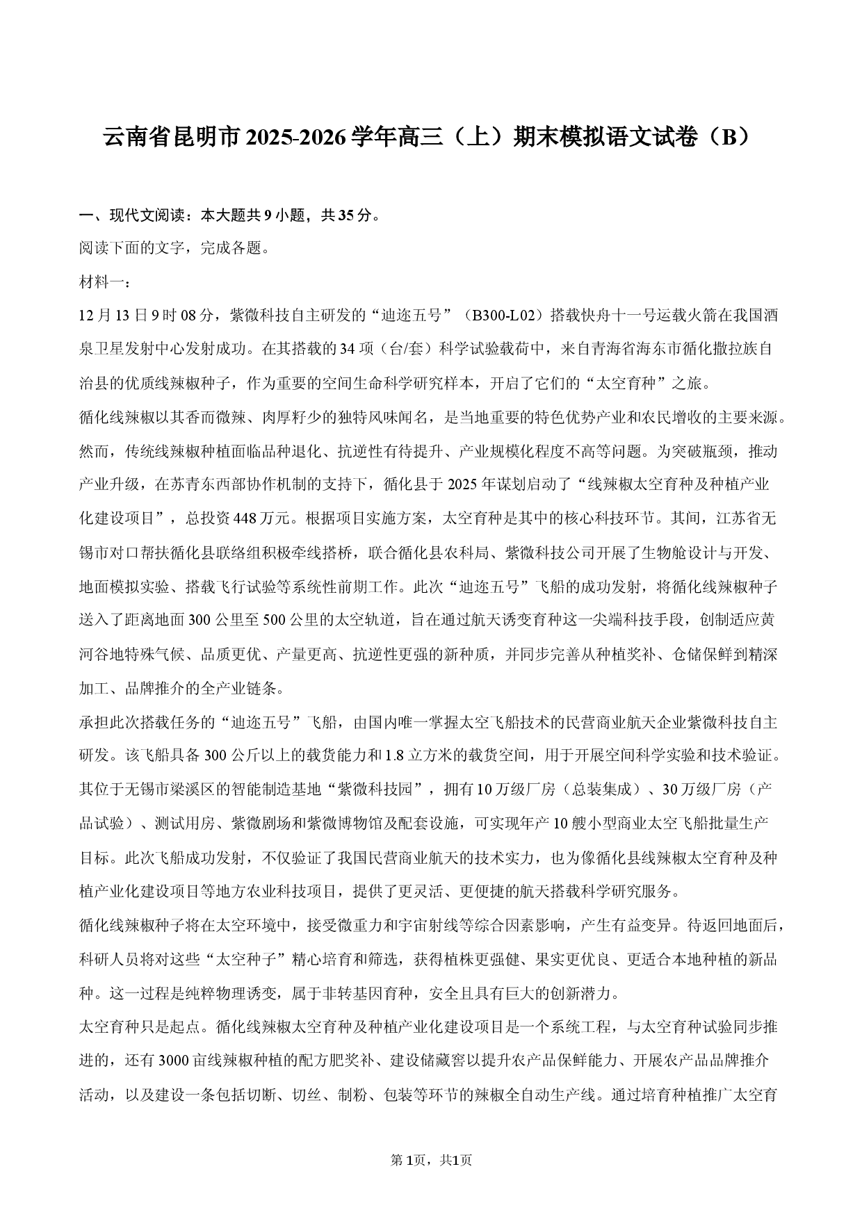 云南省昆明市2025-2026学年高三（上）期末模拟语文试卷（B）.docx 第1页