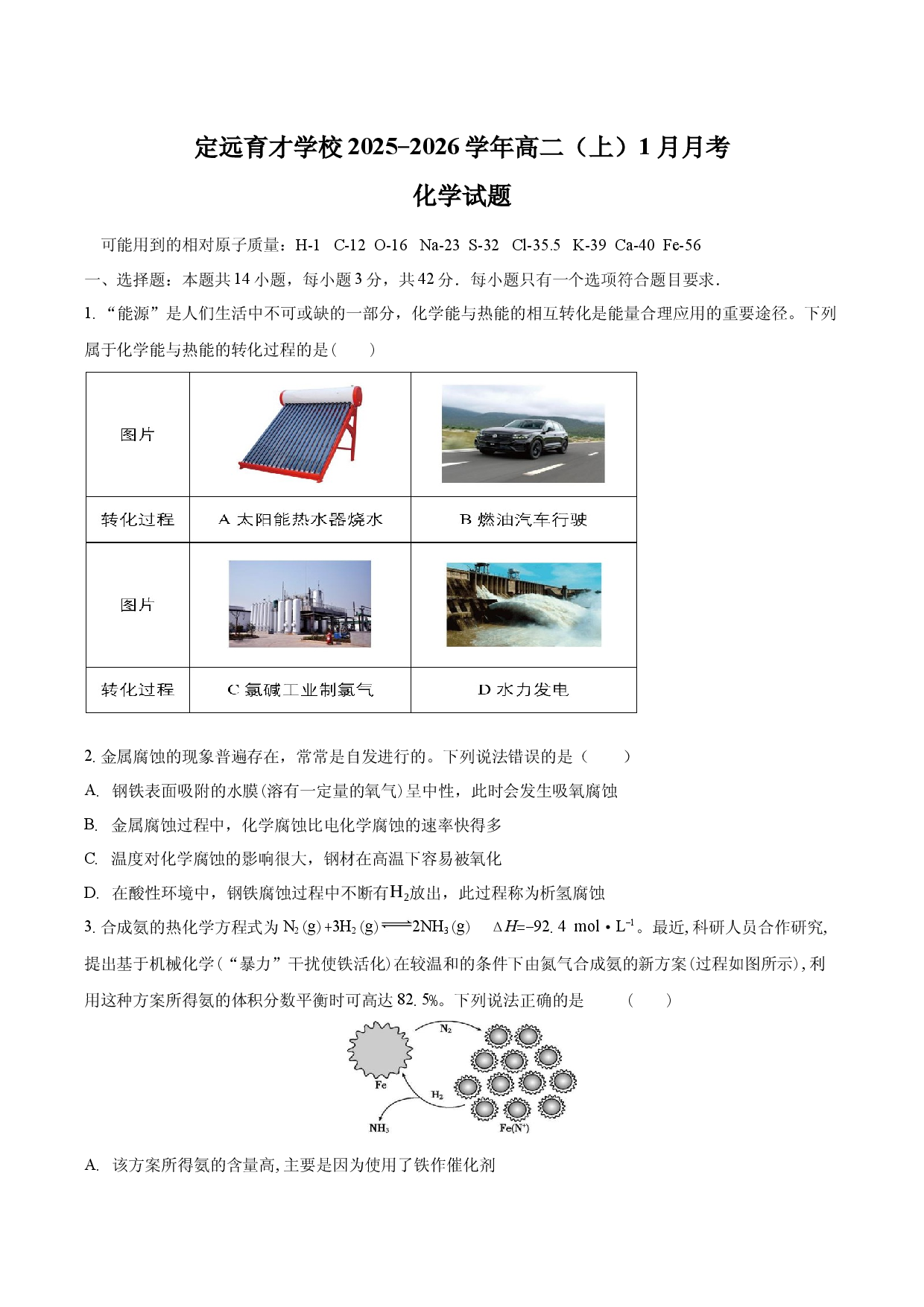 安徽省定远县育才学校2025-2026学年高二（上）1月月考化学试题（含答案）.docx 第1页
