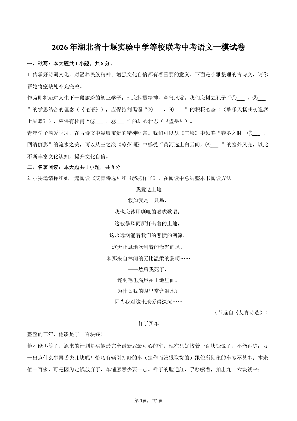 2026年湖北省十堰实验中学等校联考中考语文一模试卷.docx 第1页