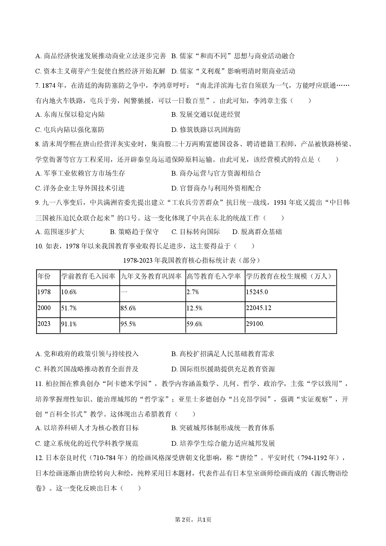 2026年黑龙江省哈尔滨一中、六中高考历史模拟试卷.docx 第2页