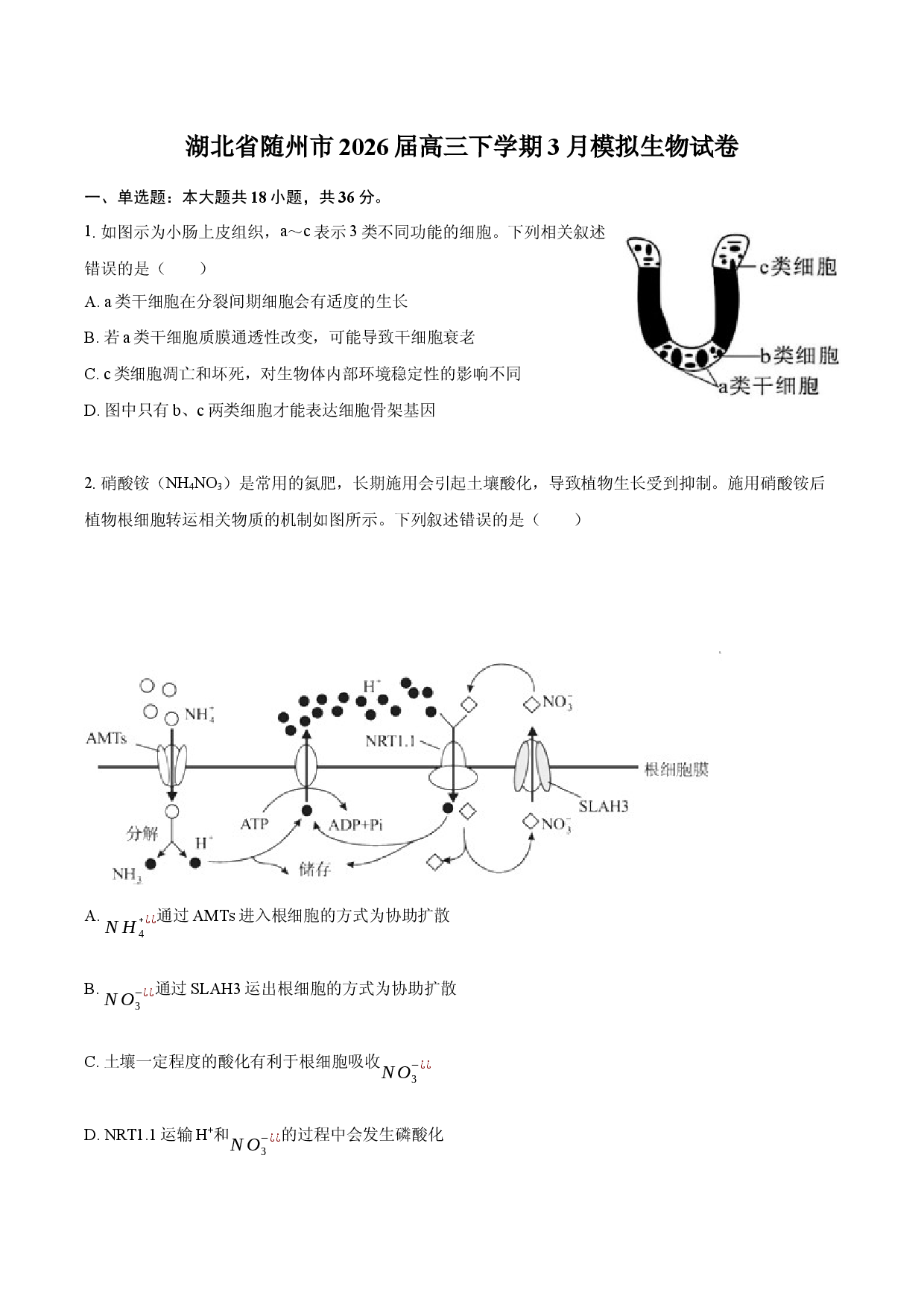 湖北省随州市2026届高三下学期3月模拟生物试卷.docx 第1页