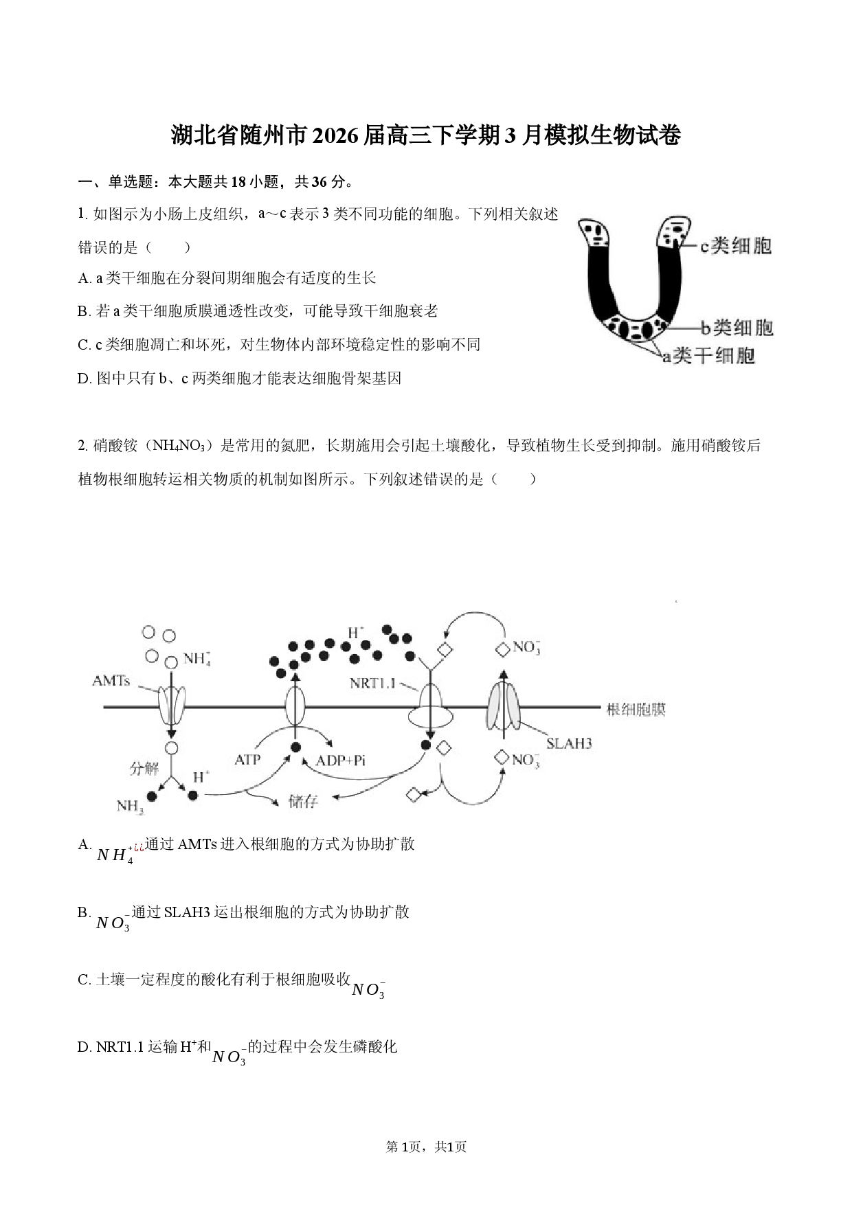 湖北省随州市2026届高三下学期3月模拟生物试卷.docx 第1页