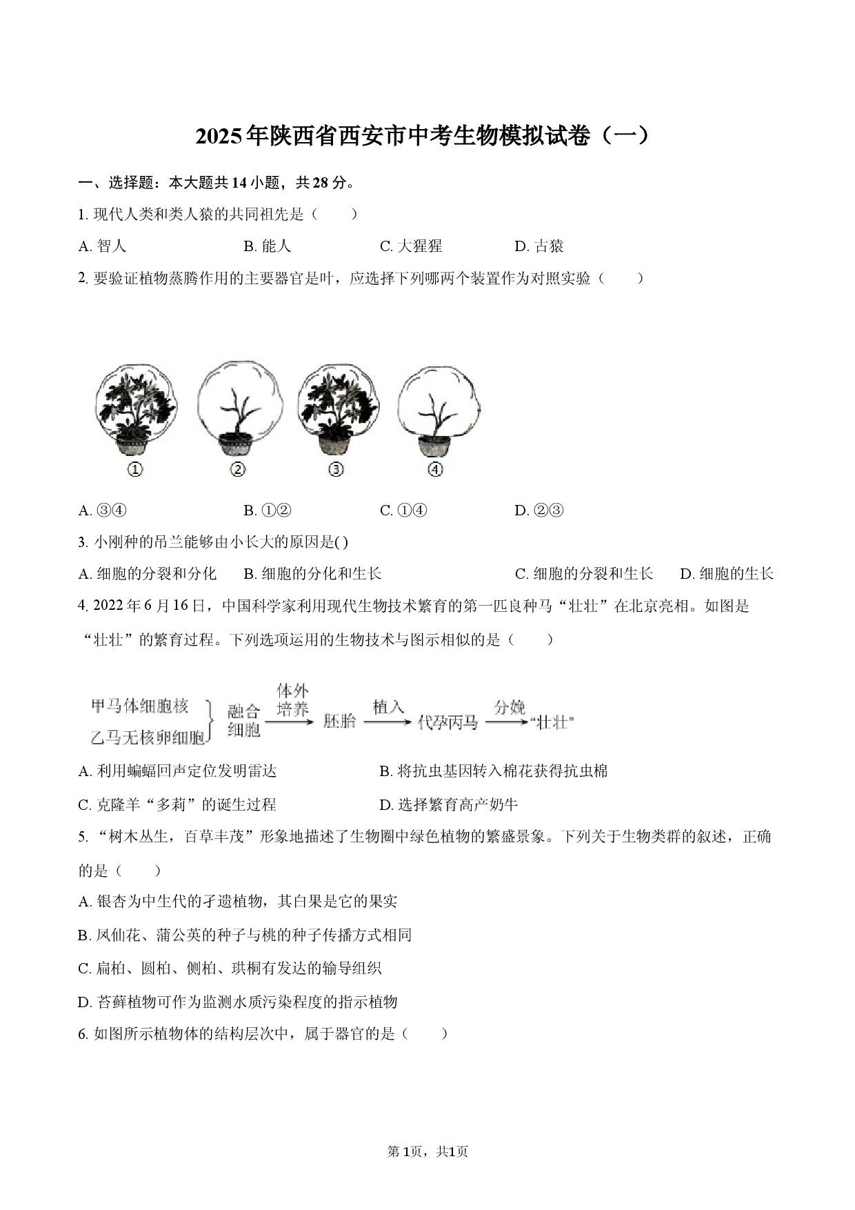 2025年陕西省西安市中考生物模拟试卷（一）.docx 第1页