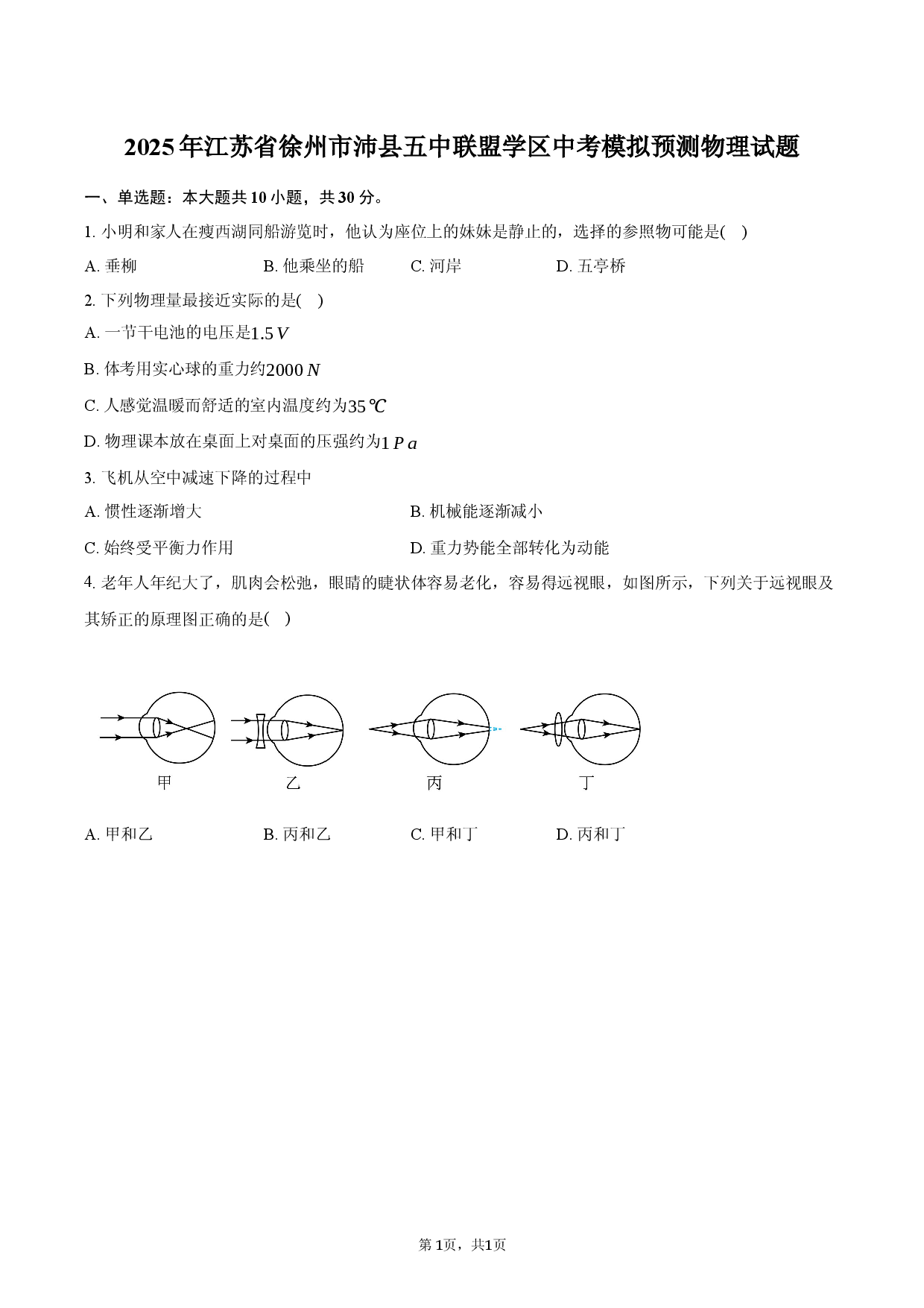 2025年江苏省徐州市沛县五中联盟学区中考模拟预测物理试题.docx 第1页
