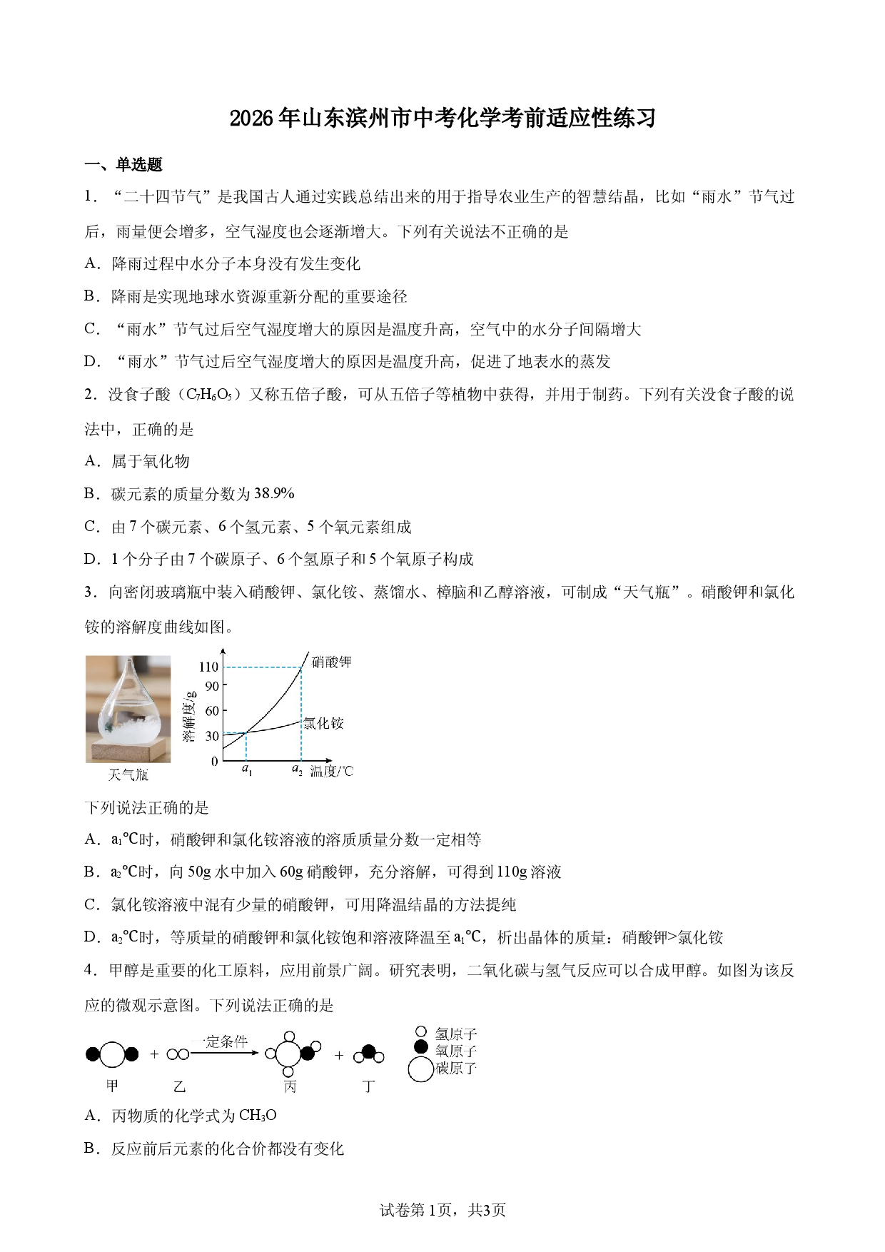 2026年山东滨州市中考化学考前适应性练习.docx 第1页