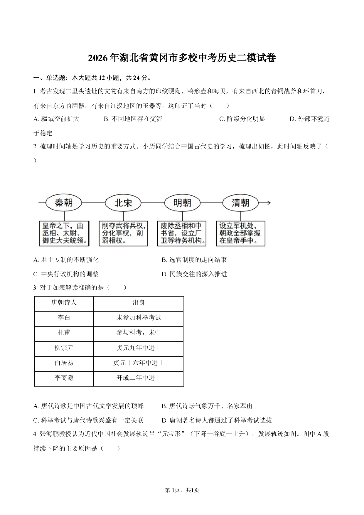2026年湖北省黄冈市多校中考历史二模试卷.docx 第1页