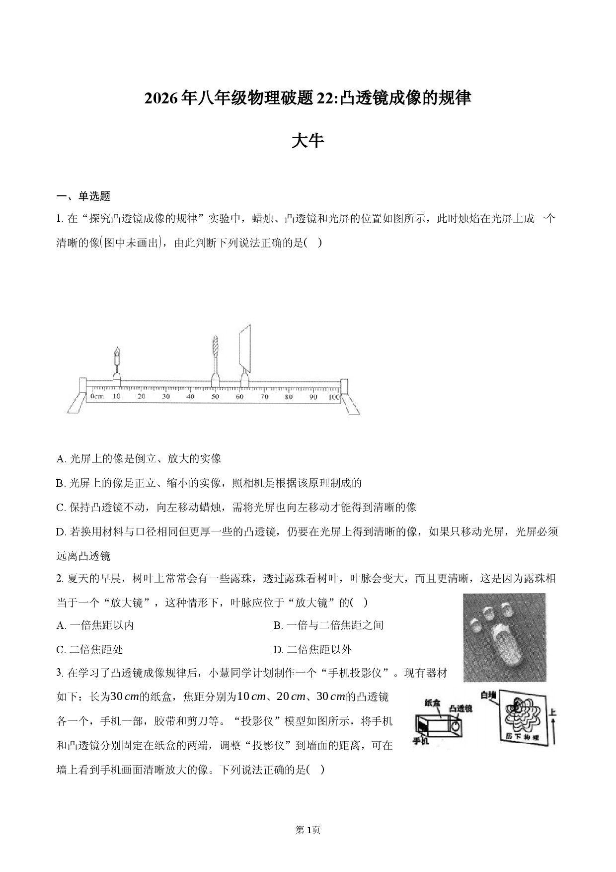 2026年八年级物理破题22_凸透镜成像的规律.docx 第1页